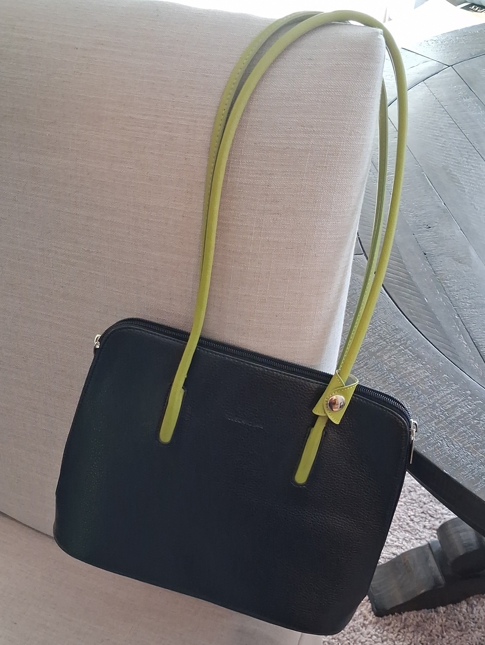 Tolblanc Paris Black Leather Shoulder Bag with Lime Green Straps.